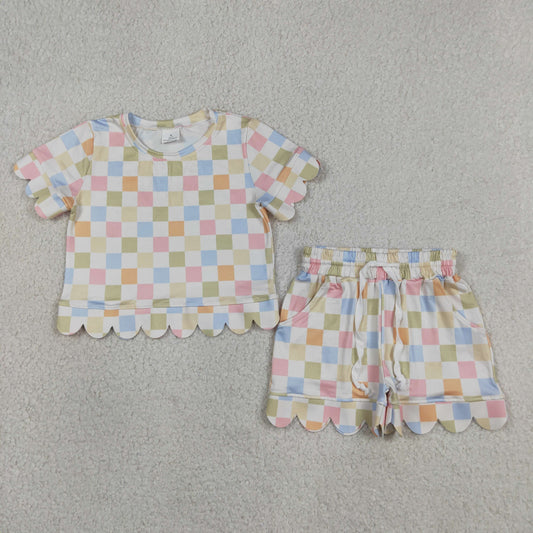 GSSO3419 Scallop Colorful Checkered Short Sleeve Shorts Girls Set