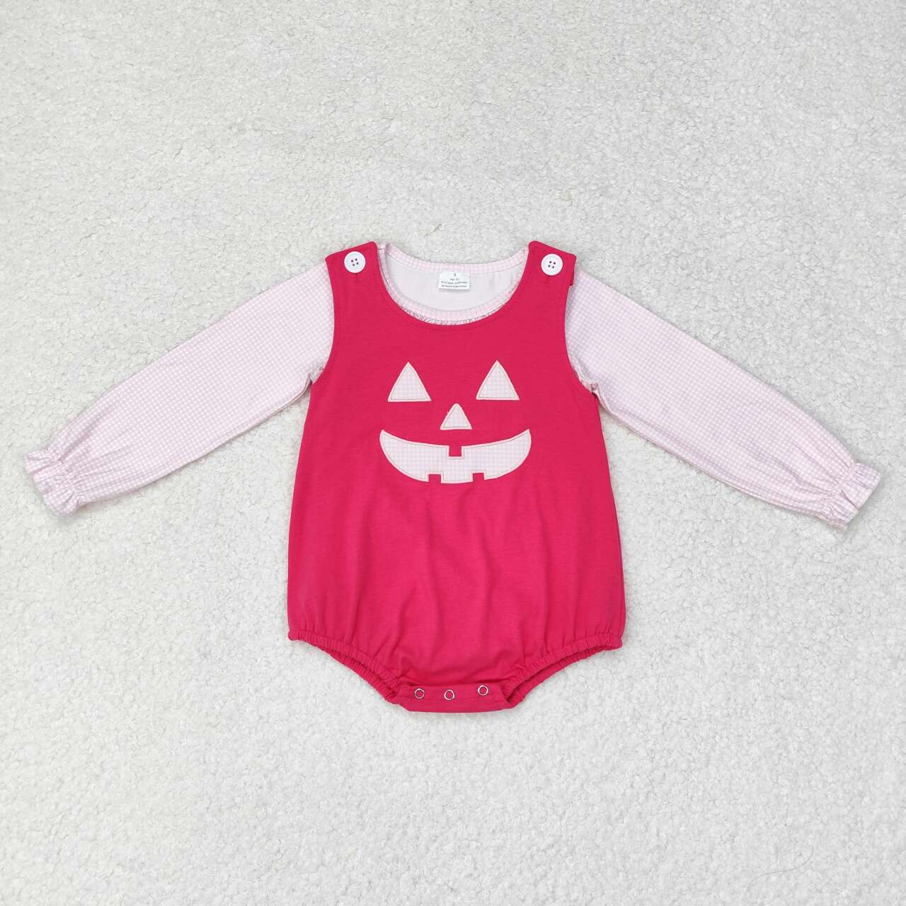 LR1171 embroidery Halloween smile pumpkin long sleeve hot pink girls romper 2pcs