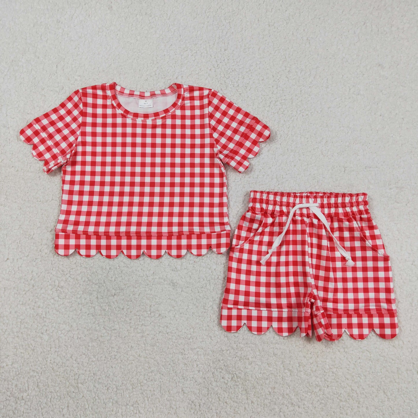 GSSO3187 Scallop Red Checkered Short Sleeve Shorts Girls Set