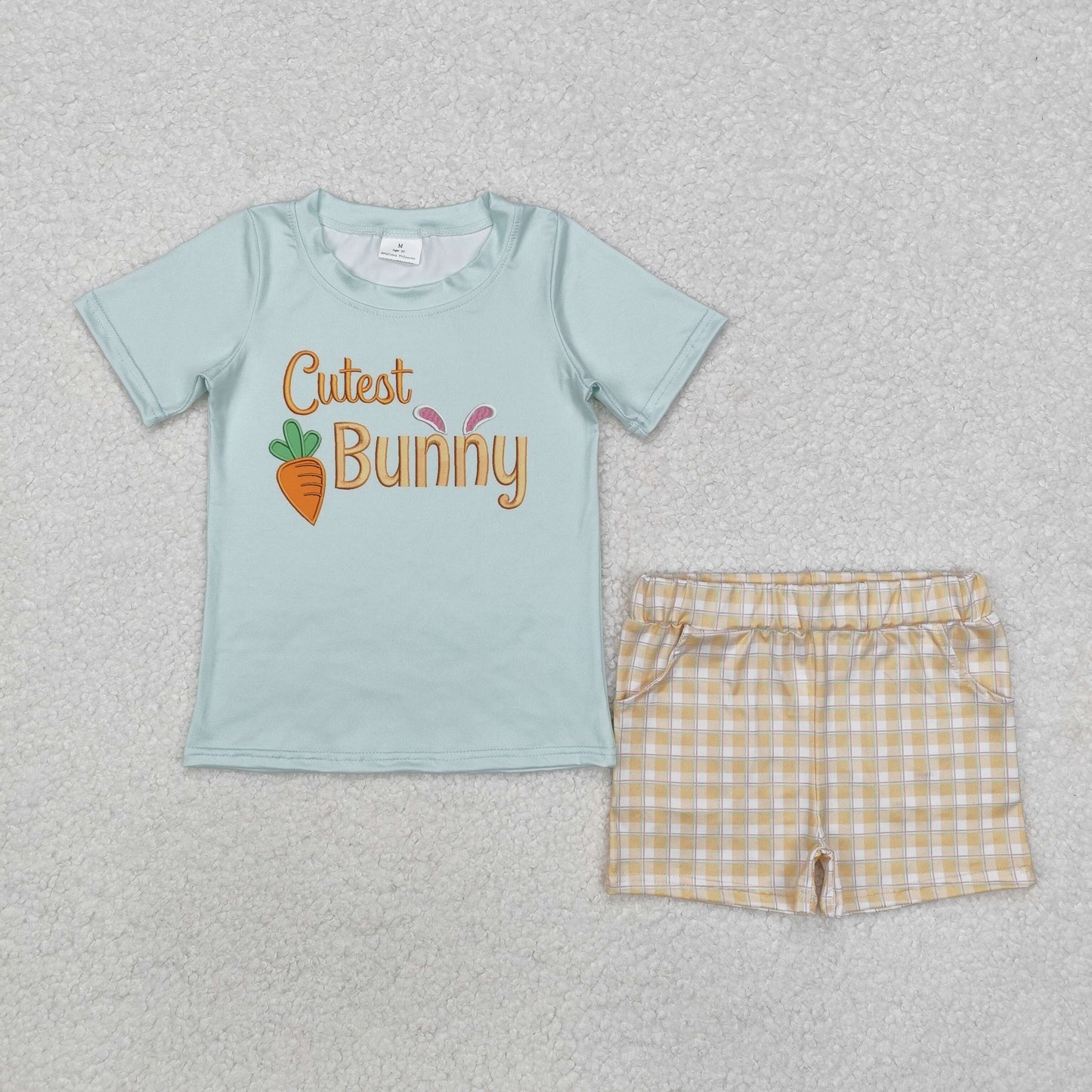 BSSO1073 Easter cutest bunny carrot short sleeve checkered shorts boys set