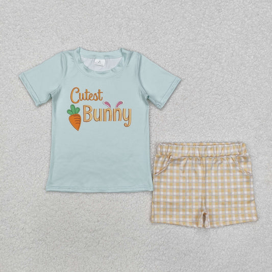 BSSO1073 Easter cutest bunny carrot short sleeve checkered shorts boys set