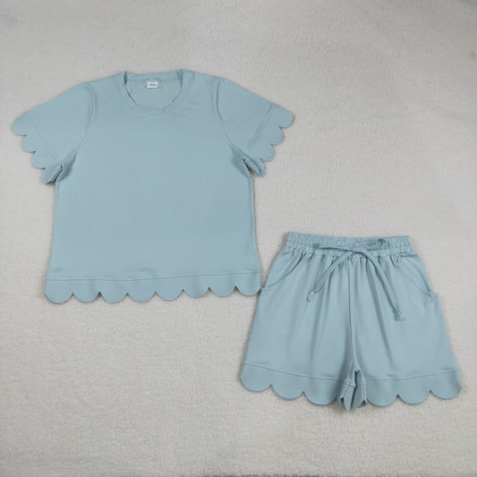GSSO3202 Blue Scallop Short Sleeve Shorts Adult Women Pajamas