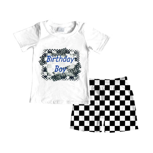Custom Birthday Boy White Short Sleeve Black Checkered Shorts Boys Set Kids Birthday Clothes