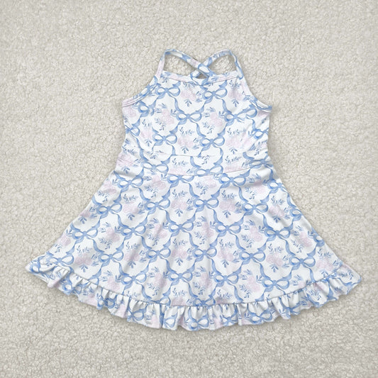 GSD2580 yoga pink flowers blue bows girls dress with shorts