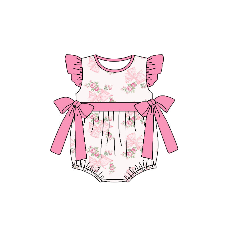 custom style flowers pink bows 3 flutter sleeve girls romper