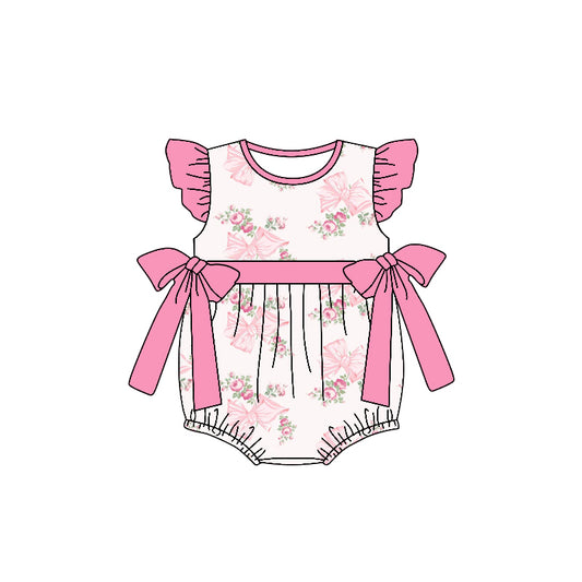 custom style flowers pink bows 3 flutter sleeve girls romper
