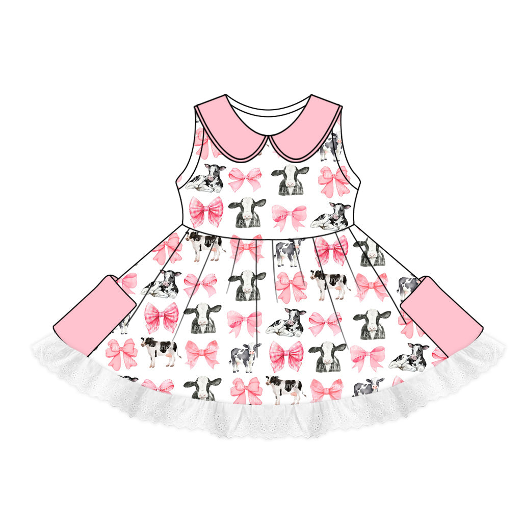 custom (moq 5)Baby Girls Pink Bows Cows Lace Pockets Twirl Dresses
