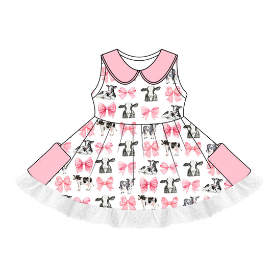 custom (moq 5)Baby Girls Pink Bows Cows Lace Pockets Twirl Dresses