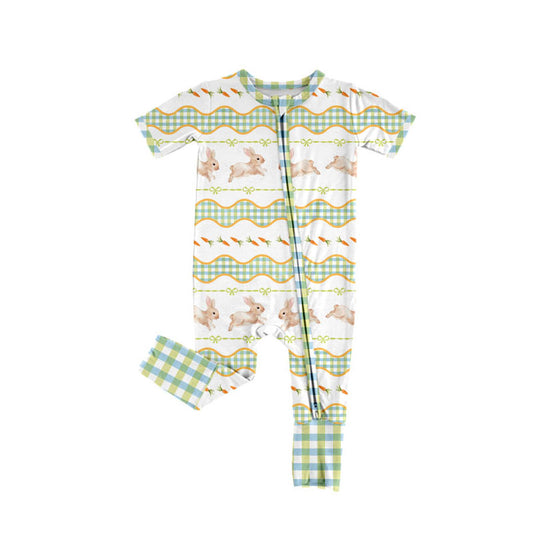 custom moq 5 Easter bunny rabbit bows green short sleeve zipper girls romper