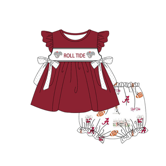 Custom Moq 3 Football Team Roll Tide Maroon Flutter Sleeve Bows Girls Bummies Set