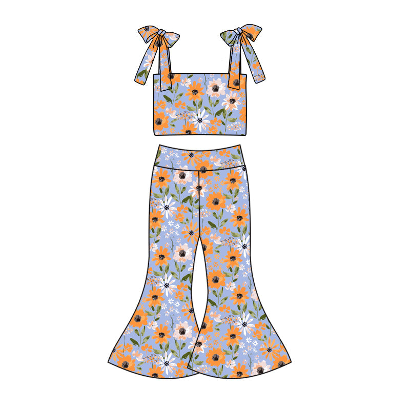 custom (moq 5)Baby Girls Orange Flowers Straps Top Bell Pants Clothes Sets