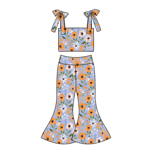 custom (moq 5)Baby Girls Orange Flowers Straps Top Bell Pants Clothes Sets
