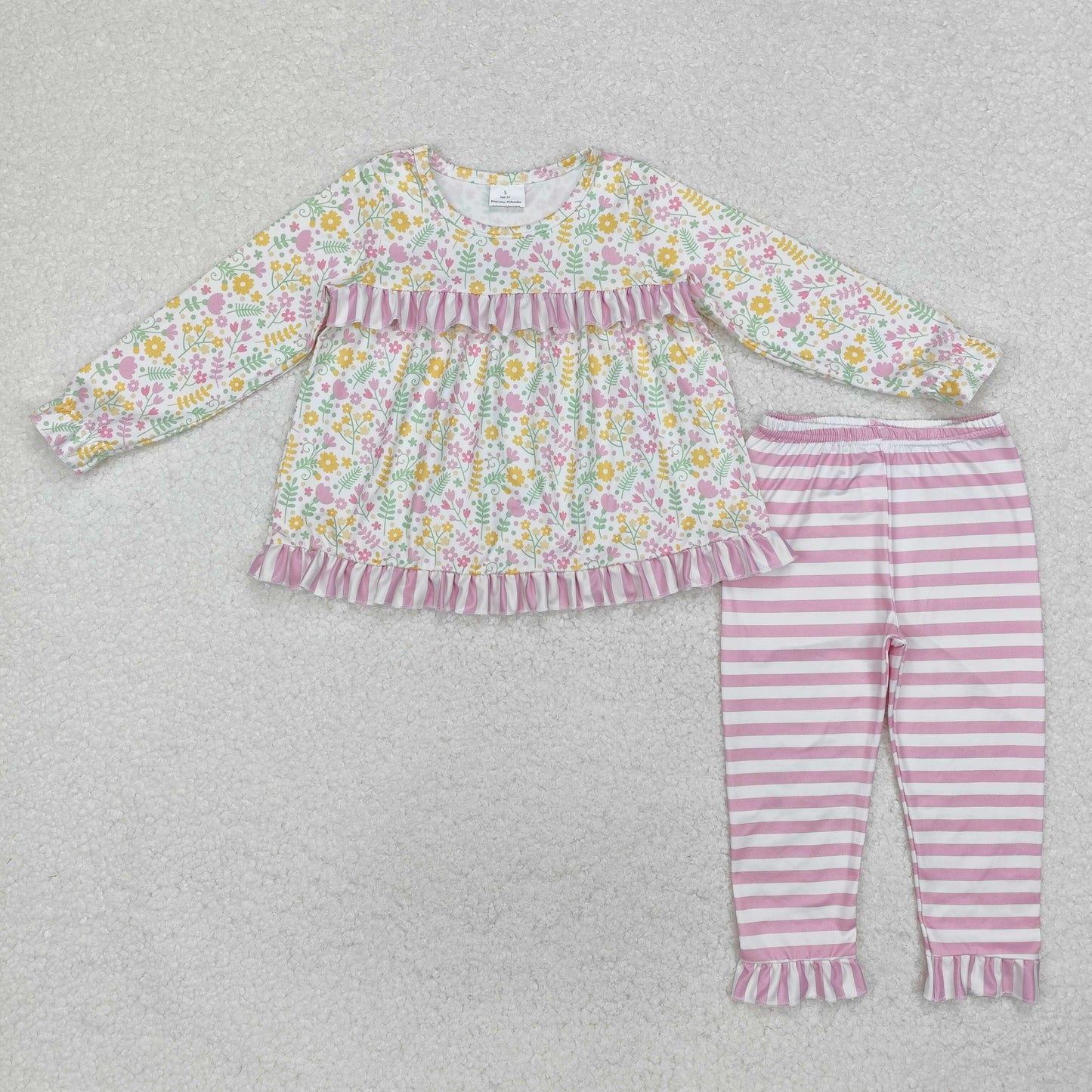 Custom moq 20 bamboo colorful flowers pink long sleeve pink striped pants girls set