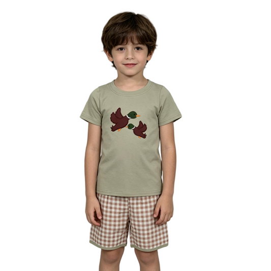 Embroidery BSSO1867 Hunting Mallard Short Sleeve Khaki Checkered Shorts Boys Set