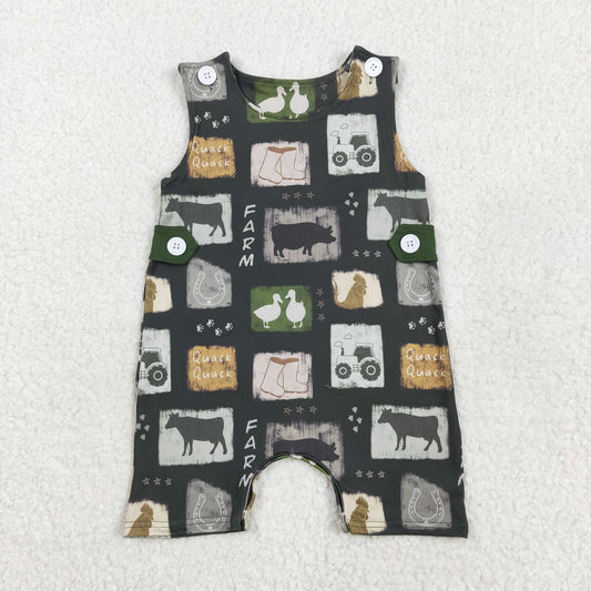 SR2874 Farm tractor animals cow green sleeveless boys romper
