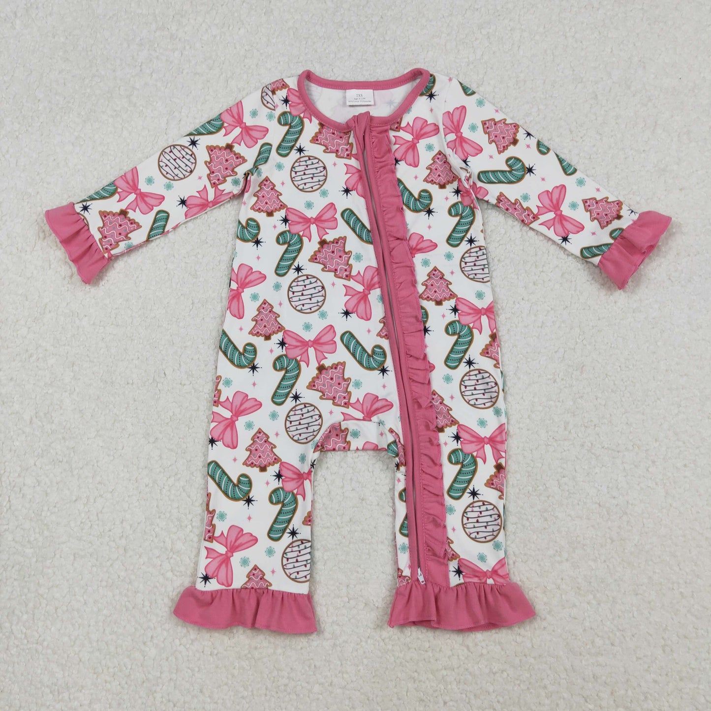 LR2486 Christmas bows cane candy tree pink zipper long sleeve girls romper