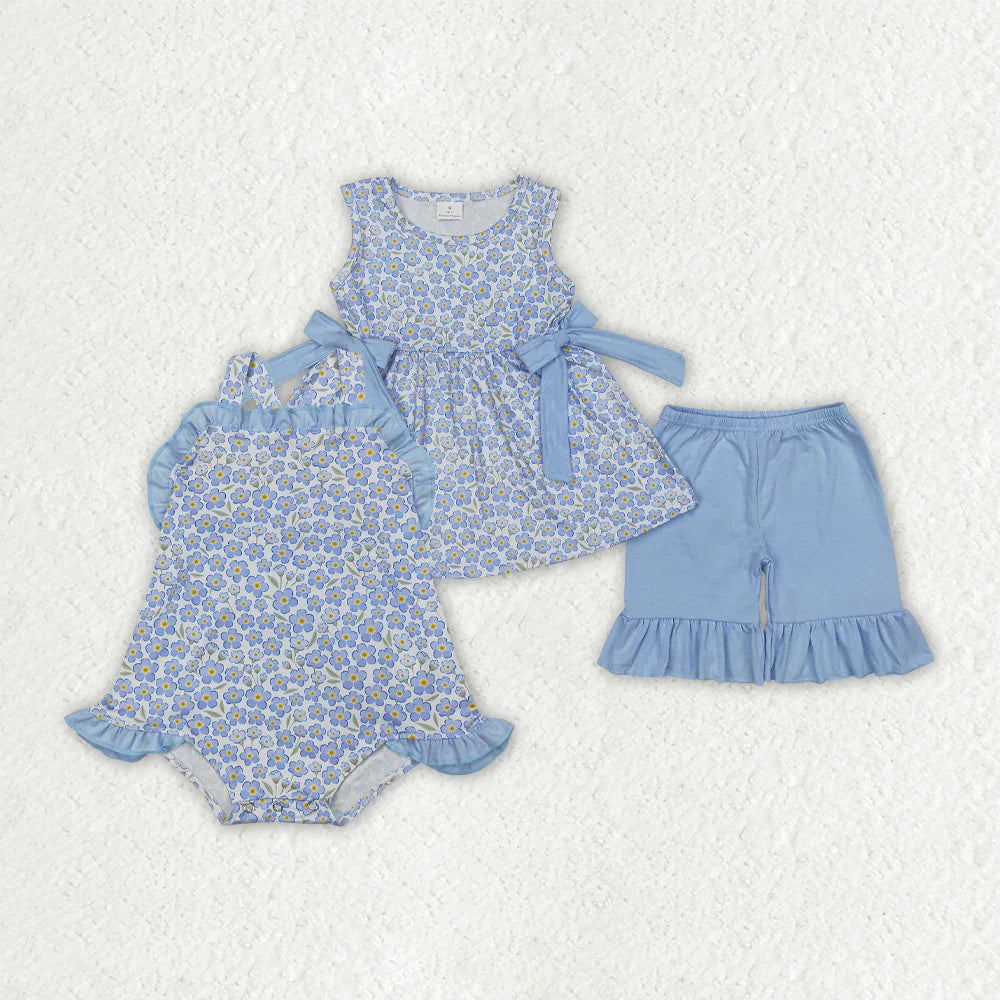 blue flowers floral Summer Sibling Clothes RTS