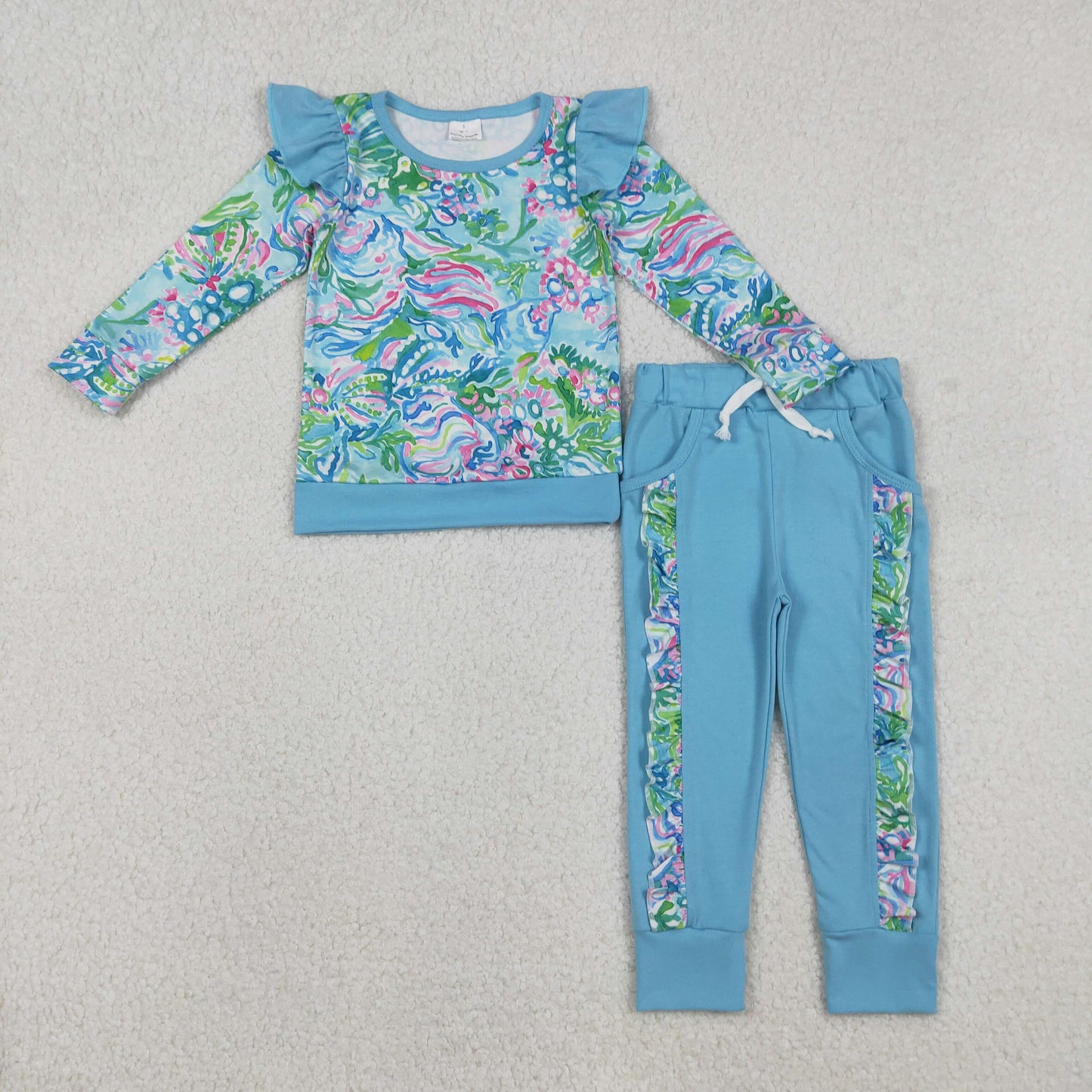 GLP2832 colorful  tropical print long sleeve blue pants girls set