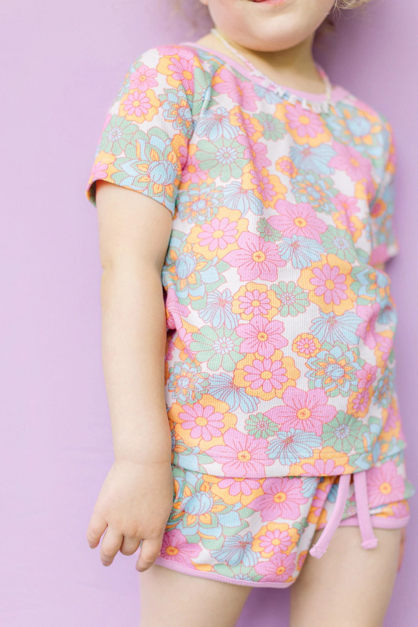 Preorder GSSO1502 colorful flowers pink short sleeve shorts girls set