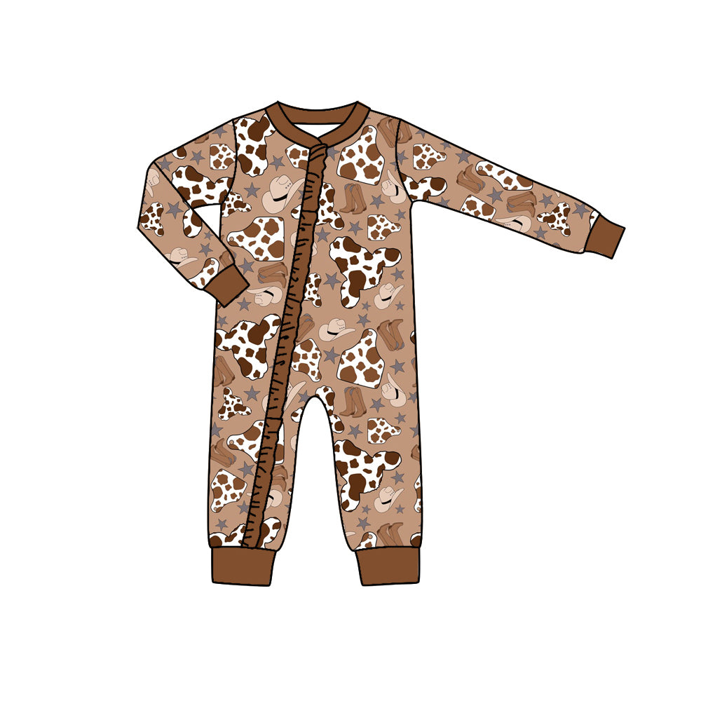 preorder LR0679 Western cow print brown long sleeve kids romper