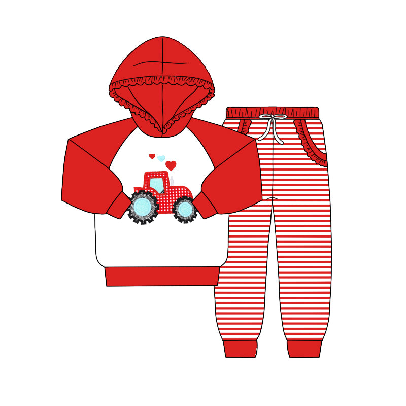 preorder BLP0404 Valentine's Day heart tractor red hoodie long sleeve striped pants boys set