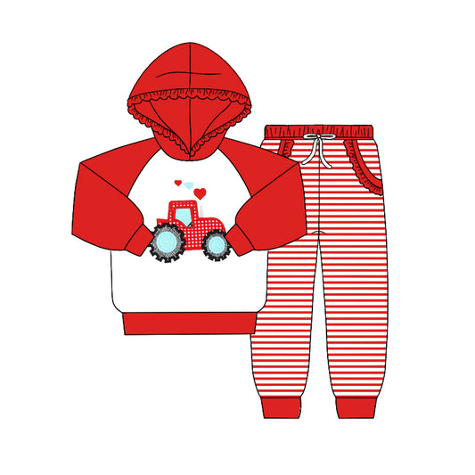 preorder BLP0404 Valentine's Day heart tractor red hoodie long sleeve striped pants boys set