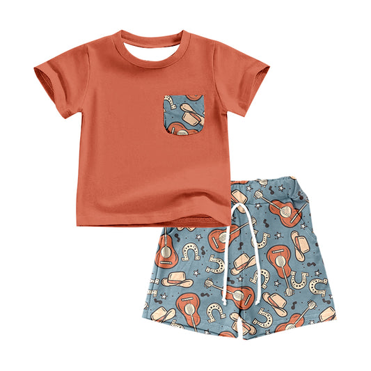 preorder BSSO0425 Western Pocket Orange Short Sleeve Horse Shoe Hat Guitar Shorts Boys Set