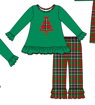 custom moq 3 Christmas tree green long sleeve checkered pants girls set