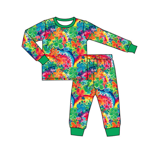 custom moq 5 St Patrick colorful print clover geen long sleeve girls girls pajamas