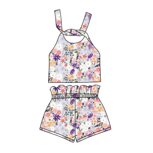 custom (moq 5)Baby Girls Purple Flowers Straps Top Shorts Clothes Sets