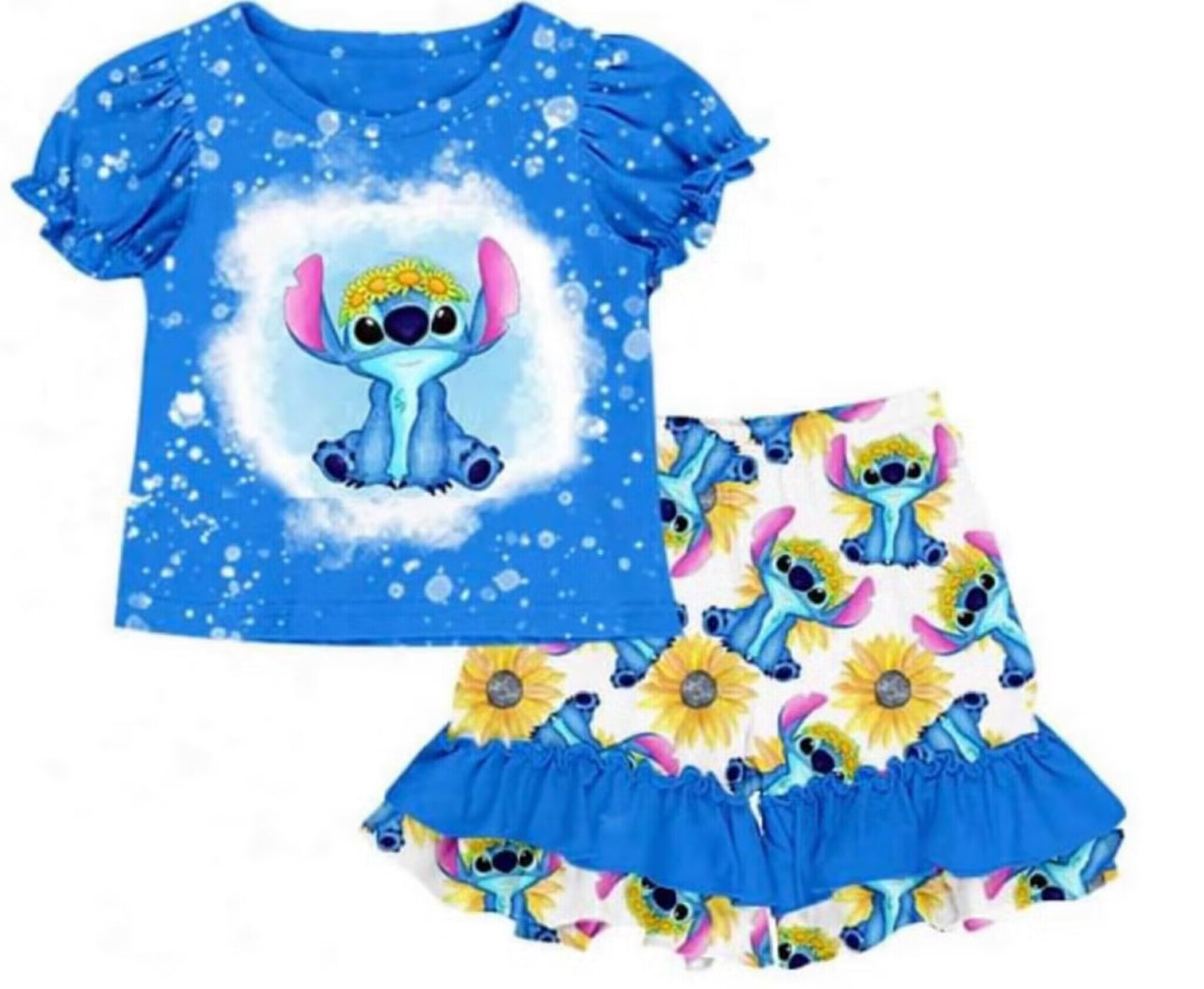 custom cartoon cute dog sunflowers blue short sleeve shorts girls set