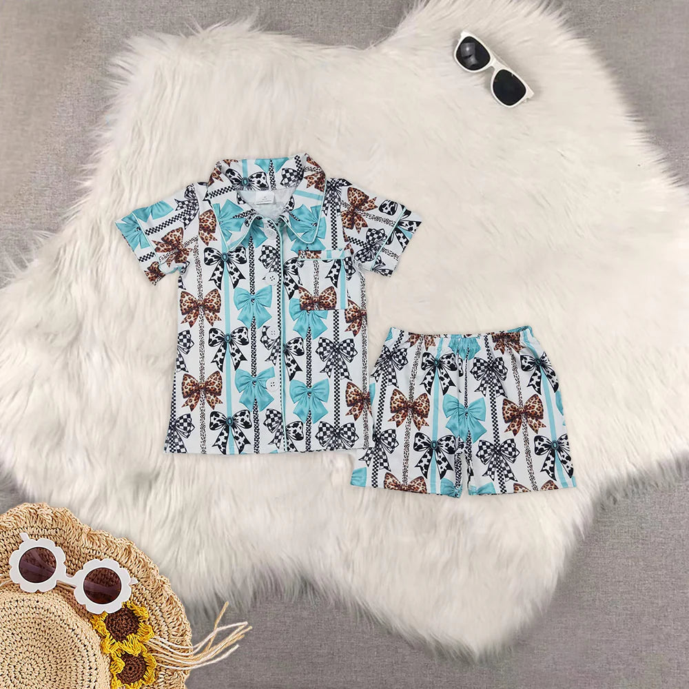 mama and me blue/brown bows pajamas RTS sibling clothes