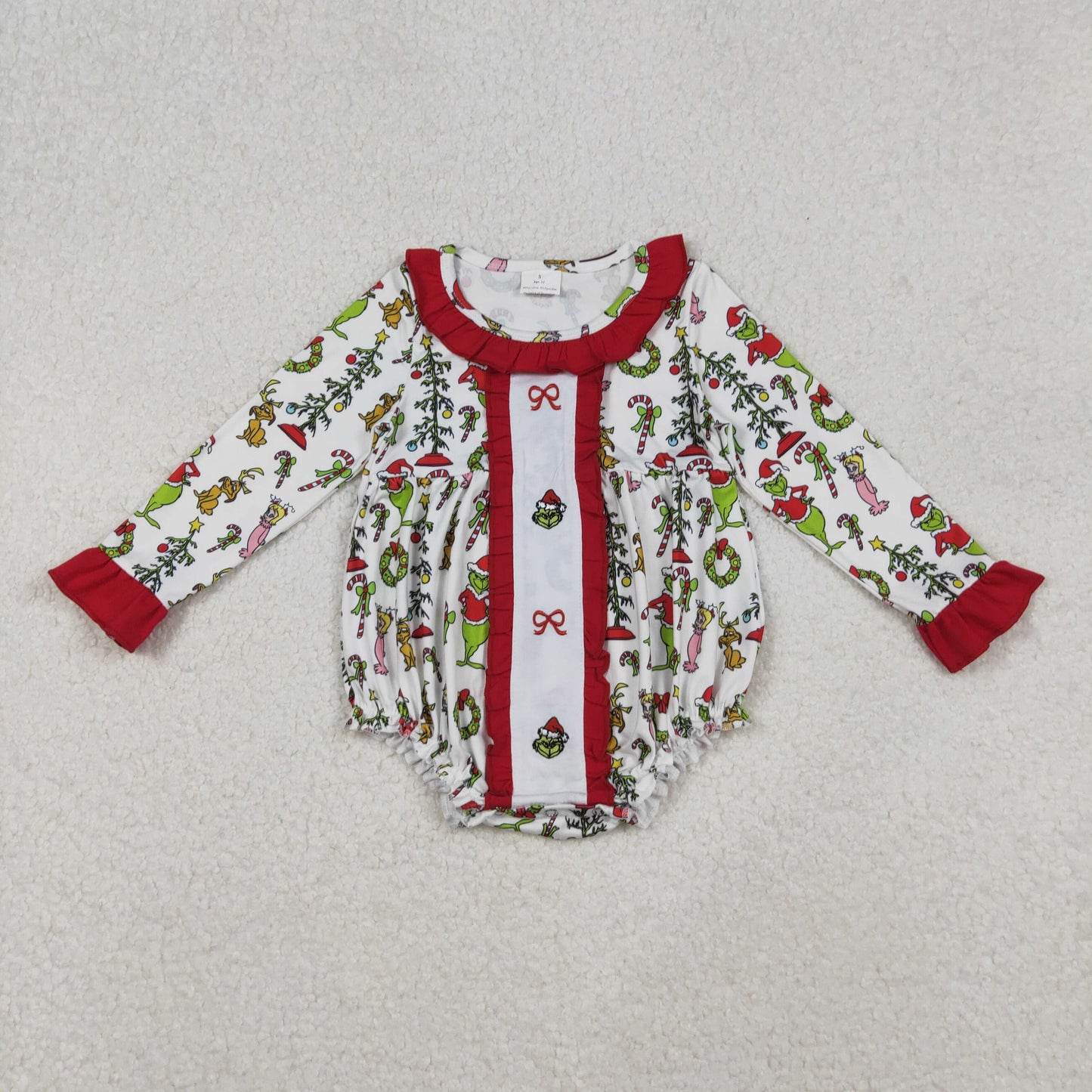 embroidery LR2635 Christmas green face bows long sleeve girls romper