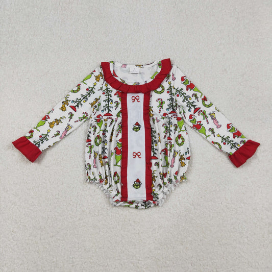 embroidery LR2635 Christmas green face bows long sleeve girls romper