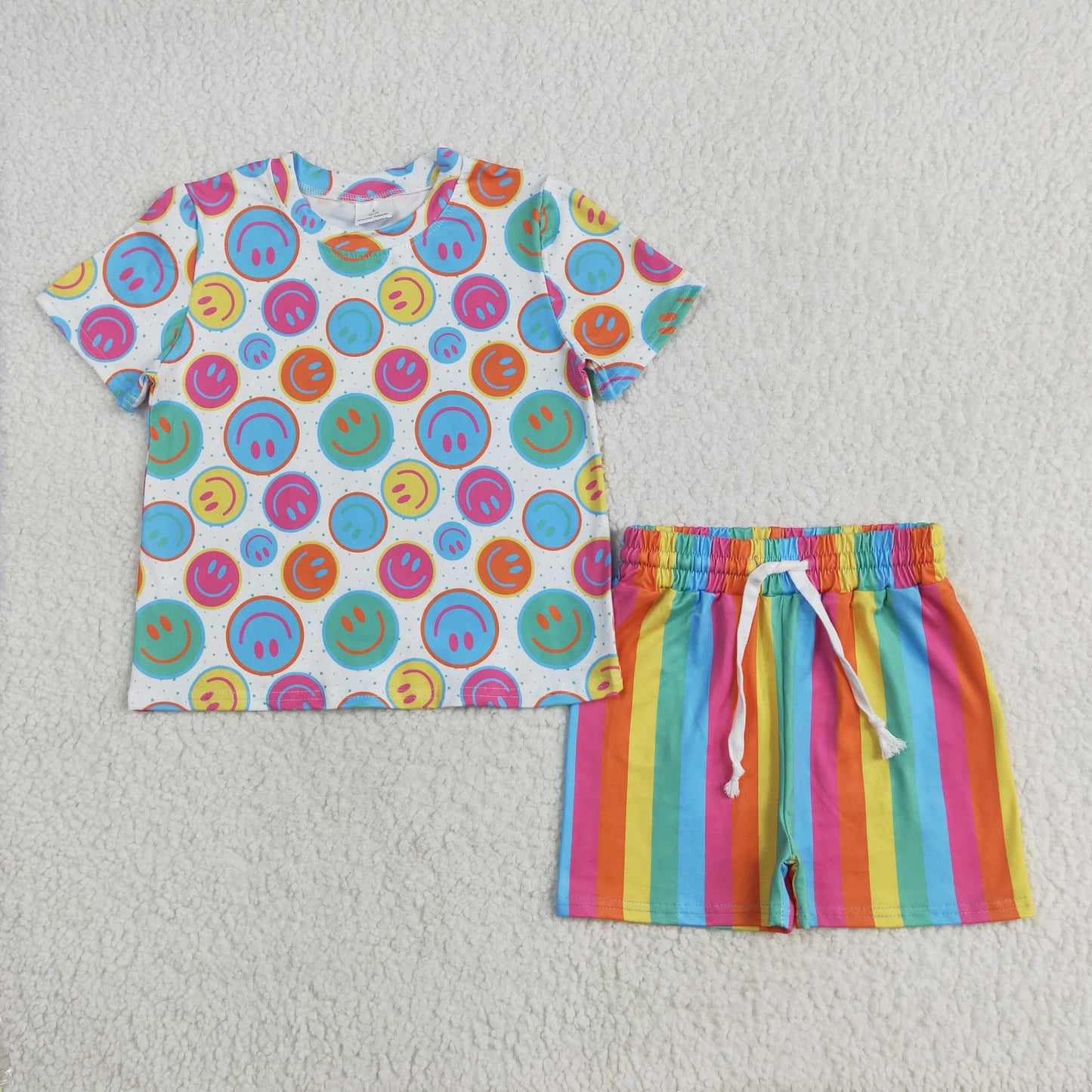 GSSO2609 colorful smile short sleeve rainbow striped shorts girls set