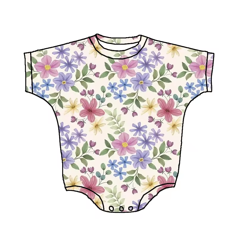 Custom purple flowers colorful flowers short sleeve girls romper