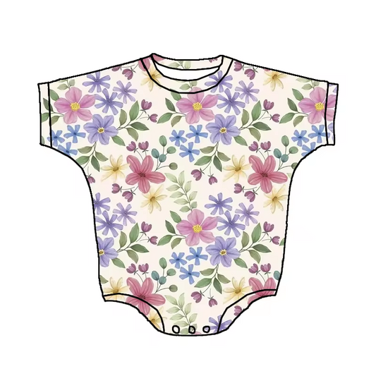 Custom purple flowers colorful flowers short sleeve girls romper
