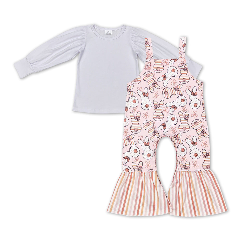 GLP1104 Easter White Long Sleeve Rabbit Pink Sleeveless Jumpsuit Girls Set