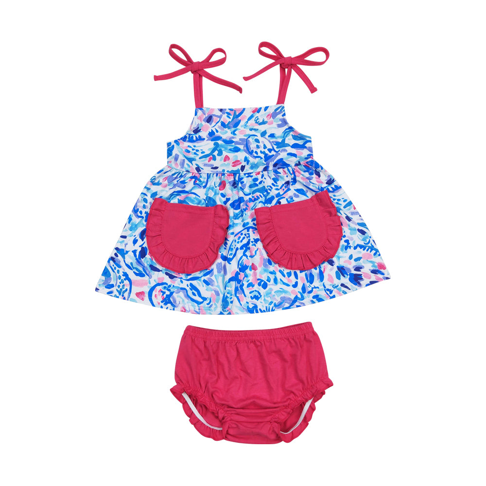 GBO0338 Blue print pockets sleeveless hot pink girls bummies set