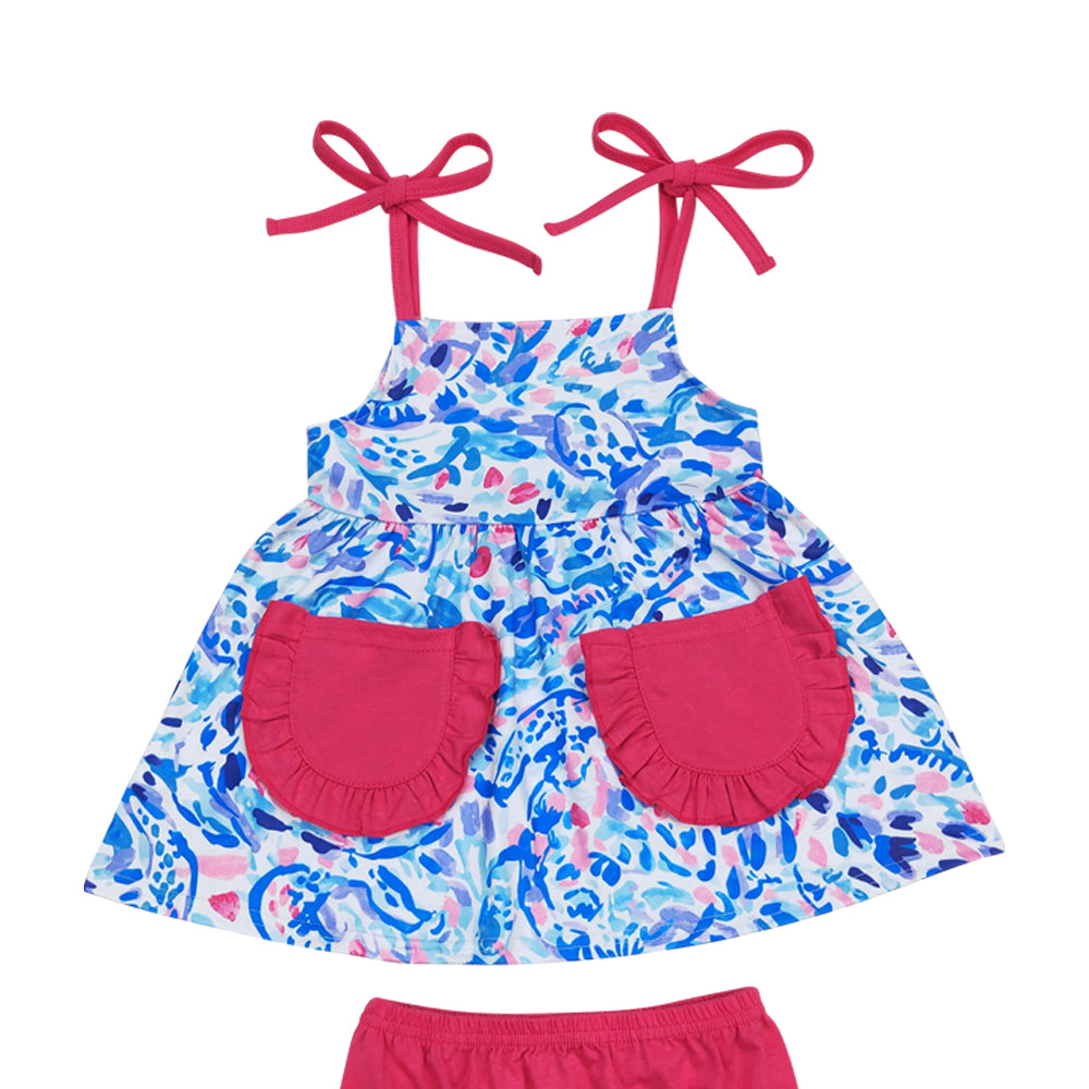 GBO0338 Blue print pockets sleeveless hot pink girls bummies set