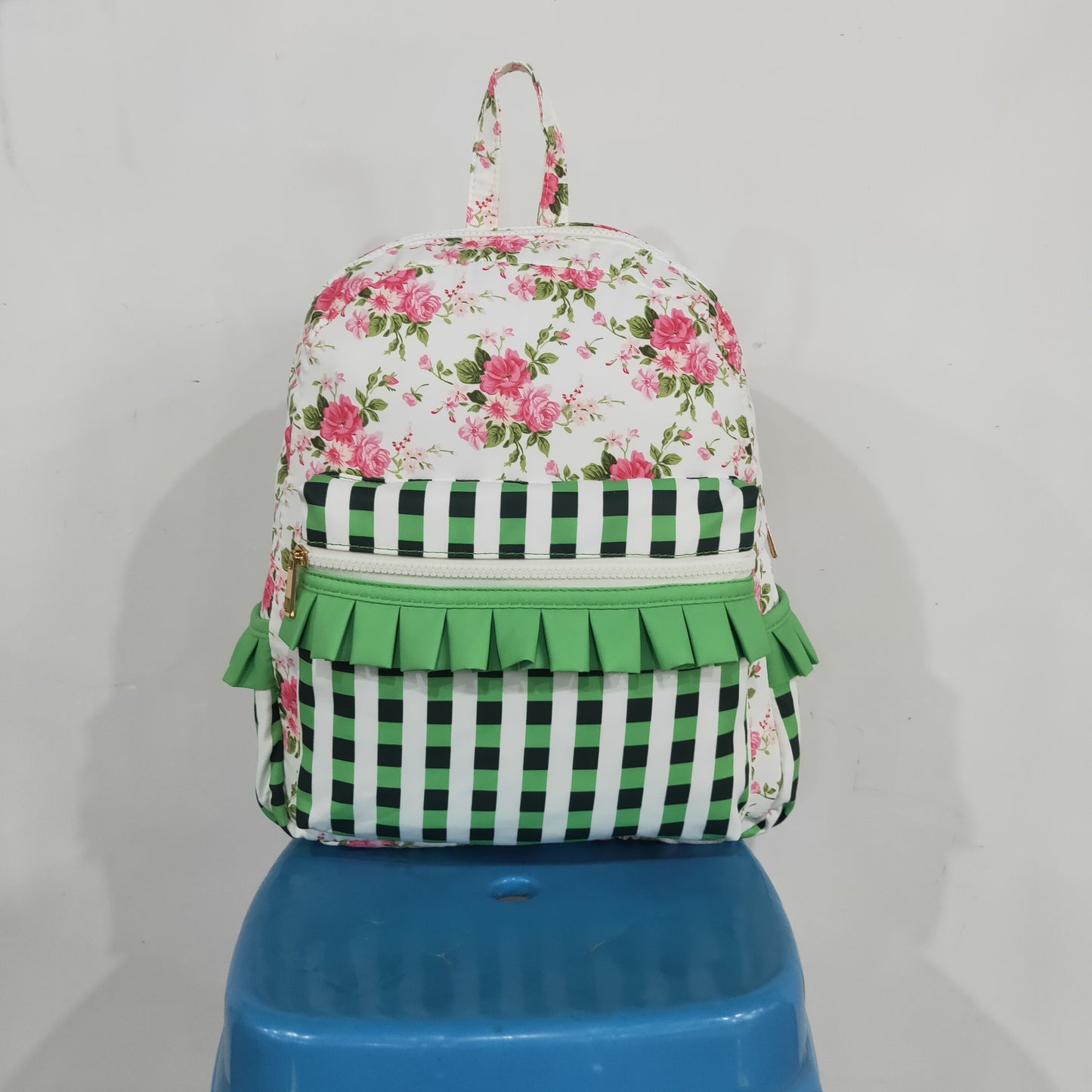 BA0218 pink flowers green checkered kids bag