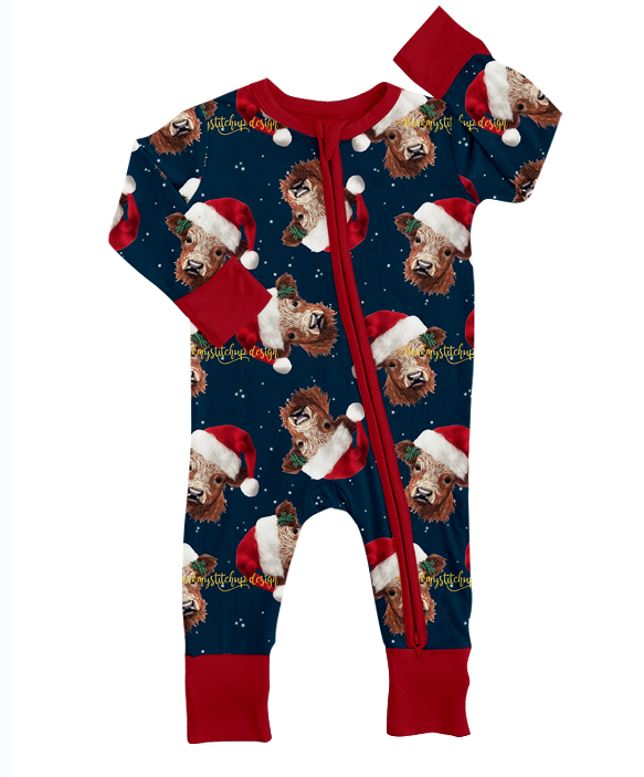 custom S 9.15 Christmas highland cow long sleeve kids romper