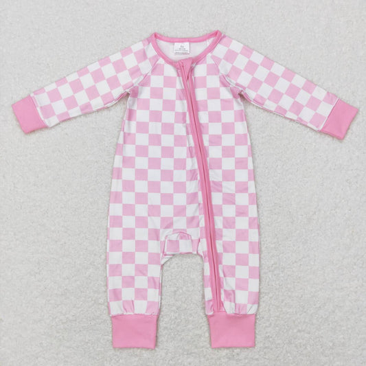 LR0810 Pink checkered zipper long sleeve kids romper
