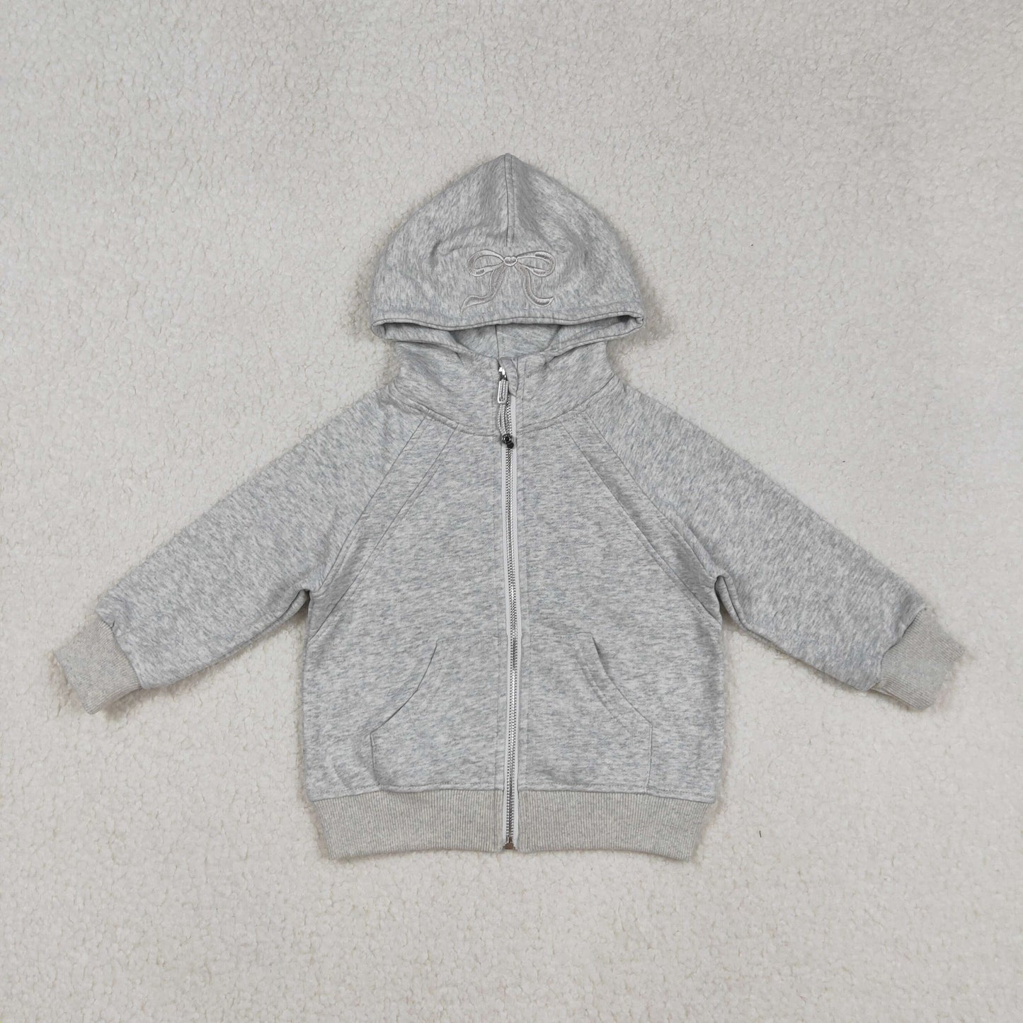 USA SHOP GT1204 embroidery bow grey long sleeve zipper pocket hoodie girls coat