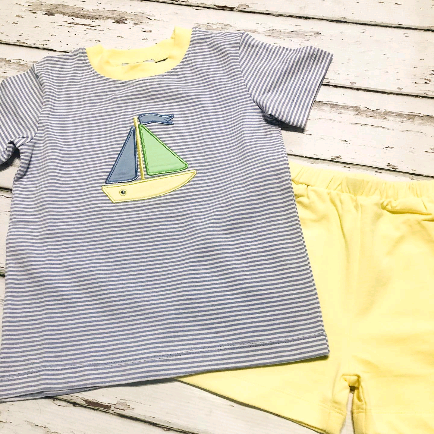 preorder BSSO1050 cartoon sailboat boat striped short sleeve yellow shorts boys set