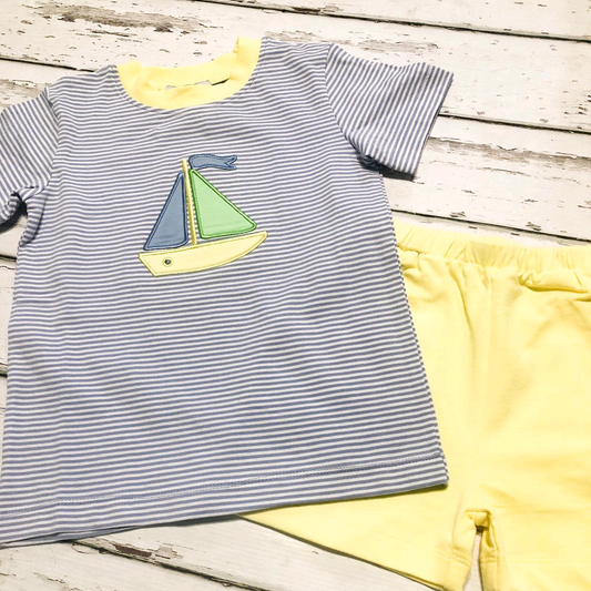 preorder BSSO1050 cartoon sailboat boat striped short sleeve yellow shorts boys set