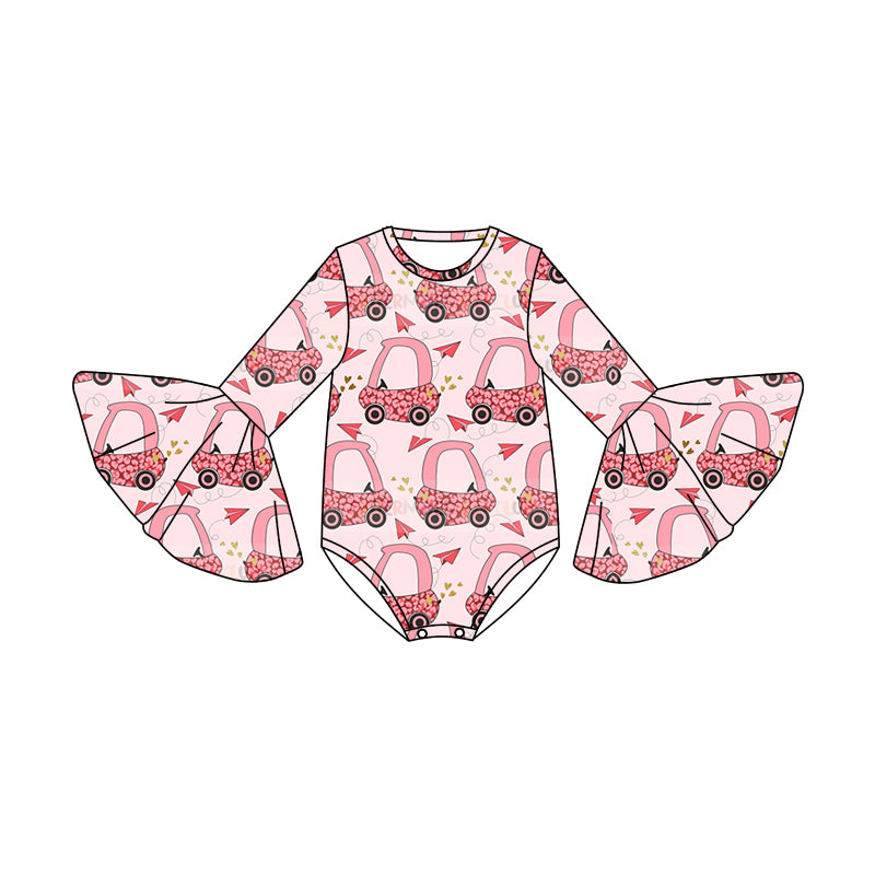 preorder LR0860 Valentine's Day Love Heart Kite Truck Pink Long Sleeve Girls Romper