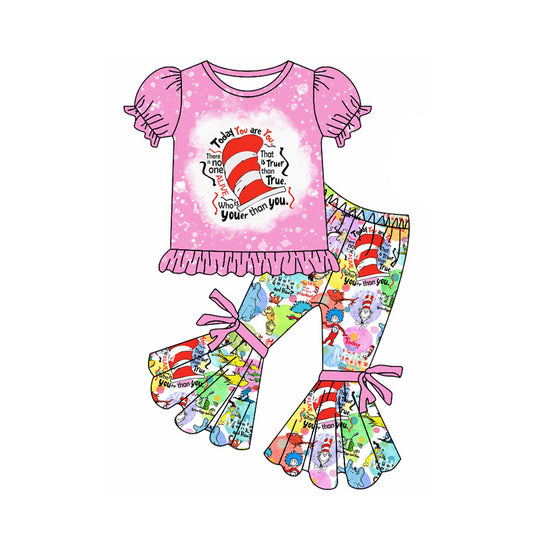 MOQ 3 Custom Cartoon Dr Hot Pink Short Sleeve Colorful Bow Pants Girls Set