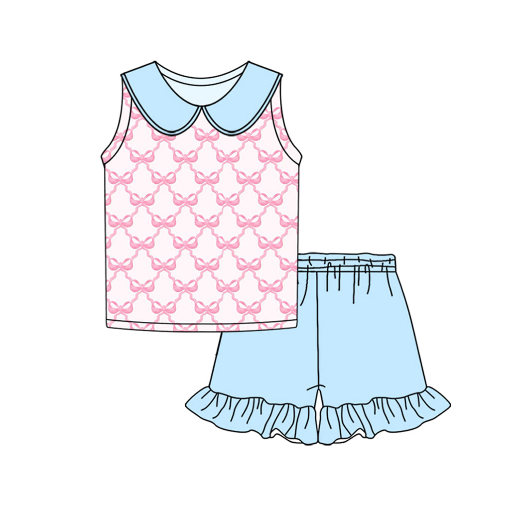custom (moq 5)Baby Girls Pink Bows Shirt Ruffle Shorts Clothes Sets