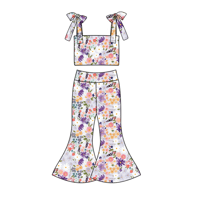 custom (moq 5)Baby Girls Purple Flowers Straps Top Bell Pants Clothes Sets